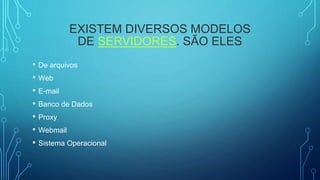 EXISTEM DIVERSOS MODELOS
DE SERVIDORES. SÃO ELES
• De arquivos
• Web
• E-mail
• Banco de Dados
• Proxy
• Webmail
• Sistema Operacional
 