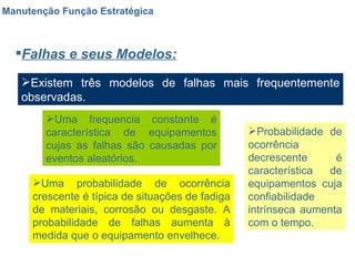 Manutenção Função Estratégica Falhas e seus Modelos: Existem três modelos de falhas mais frequentemente observadas. Uma frequencia constante é característica de equipamentos cujas as falhas são causadas por eventos aleatórios. Uma probabilidade de ocorrência crescente é típica de situações de fadiga de materiais, corrosão ou desgaste. A probabilidade de falhas aumenta à medida que o equipamento envelhece. Probabilidade de ocorrência decrescente é característica de equipamentos cuja confiabilidade intrínseca aumenta com o tempo.  