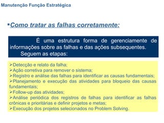 Manutenção Função Estratégica Como tratar as falhas corretamente: É uma estrutura forma de gerenciamente de informações sobre as falhas e das ações subsequentes. Seguem as etapas: Detecção e relato da falha; Ação corretiva para remover o sistema; Registro e análise das falhas para identificar as causas fundamentais; Planejamento e execução das atividades para bloqueio das causas fundamentais; Follow-up das atividades; Análise periódica dos registros de falhas para identificar as falhas crônicas e prioritárias e definir projetos e metas; Execução dos projetos selecionados no Problem Solving. 
