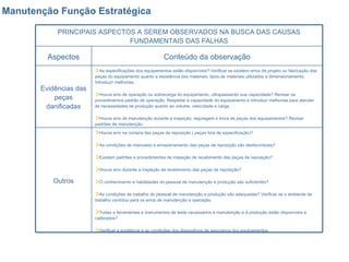Manutenção Função Estratégica Houve erro na compra das peças de reposição ( peças fora de especificação)? As condições de manuseio e armazenamento das peças de reposição são desfavoráveis? Existem padrões e procedimentos de inspeção de recebimento das peças de reposição? Houve erro durante a inspeção de recebimento das peças de reposição? O conhecimento e habilidades do pessoal de manutenção e produção são suficientes? As condições de trabalho do pessoal de manutenção e produção são adequadas? Verificar se o ambiente de trabalho contribui para os erros de manutenção e operação. Todas a ferramentas e instrumentos de teste necessários à manutenção e à produção estão disponíveis e calibrados? Verificar a existência e as condições dos dispositivos de segurança dos equipamentos. Outros As especificações dos equipamentos estão disponíveis? Verificar se existem erros de projeto ou fabricação das peças do equipamento quanto a resistência dos materiais, tipos de materiais utilizados e dimensionamento. Introduzir melhorias. Houve erro de operação ou sobrecarga do equipamento, ultrapassando sua capacidade? Revisar os procedimentos padrão de operação. Respeitar à capacidade do equipamento e introduzr melhorias para atender às necessidades de produção quanto ao volume, velocidade e carga. Houve erro de manutenção durante a inspeção, regulagem e trova de peças dos equipamentos? Revisar padrões de manutenção. Evidências das peças danificadas Conteúdo da observação Aspectos PRINCIPAIS ASPECTOS A SEREM OBSERVADOS NA BUSCA DAS CAUSAS FUNDAMENTAIS DAS FALHAS 