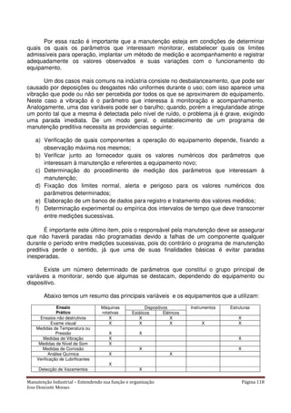 Manutenção Industrial – Entendendo sua função e organização Página 118
Jose Donizetti Moraes
Por essa razão é importante que a manutenção esteja em condições de determinar
quais os quais os parâmetros que interessam monitorar, estabelecer quais os limites
admissíveis para operação, implantar um método de medição e acompanhamento e registrar
adequadamente os valores observados e suas variações com o funcionamento do
equipamento.
Um dos casos mais comuns na indústria consiste no desbalanceamento, que pode ser
causado por deposições ou desgastes não uniformes durante o uso; com isso aparece uma
vibração que pode ou não ser percebida por todos os que se aproximarem do equipamento.
Neste caso a vibração é o parâmetro que interessa à monitoração e acompanhamento.
Analogamente, uma das variáveis pode ser o barulho; quando, porém a irregularidade atinge
um ponto tal que a mesma é detectada pelo nível de ruído, o problema já é grave, exigindo
uma parada imediata. De um modo geral, o estabelecimento de um programa de
manutenção preditiva necessita as providencias seguinte:
a) Verificação de quais componentes a operação do equipamento depende, fixando a
observação máxima nos mesmos;
b) Verificar junto ao fornecedor quais os valores numéricos dos parâmetros que
interessam à manutenção e referentes a equipamento novo;
c) Determinação do procedimento de medição dos parâmetros que interessam à
manutenção;
d) Fixação dos limites normal, alerta e perigoso para os valores numéricos dos
parâmetros determinados;
e) Elaboração de um banco de dados para registro e tratamento dos valores medidos;
f) Determinação experimental ou empírica dos intervalos de tempo que deve transcorrer
entre medições sucessivas.
É importante este último item, pois o responsável pela manutenção deve se assegurar
que não haverá paradas não programadas devido a falhas de um componente qualquer
durante o período entre medições sucessivas, pois do contrário o programa de manutenção
preditiva perde o sentido, já que uma de suas finalidades básicas é evitar paradas
inesperadas.
Existe um número determinado de parâmetros que constitui o grupo principal de
variáveis a monitorar, sendo que algumas se destacam, dependendo do equipamento ou
dispositivo.
Abaixo temos um resumo das principais variáveis e os equipamentos que a utilizam:
Ensaio
Prático
Máquinas
rotativas
Dispositivos Instrumentos Estruturas
Estáticos Elétricos
Ensaios não destrutivos X X X X
Exame visual X X X X X
Medidas de Temperatura ou
Pressão X X
Medidas de Vibração X X
Medidas de Nível de Som X
Medidas de Corrosão X X
Análise Química X X
Verificação de Lubrificantes
X
Detecção de Vazamentos X
 
