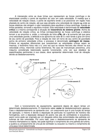 Manutenção Industrial – Entendendo sua função e organização Página 128
Jose Donizetti Moraes
A intersecção entre as duas linhas que representam as forças centrífuga e de
elasticidade constitui o ponto de equilíbrio do rotor em cada velocidade. À medida que a
velocidade de rotação cresce, o ponto de equilíbrio tende a se posicionar em região mais
afastada do centro de rotação, até que seja atingida uma velocidade de rotação ωωωω0 onde as
forças elásticas não atingem o valor necessário para equilibrar a força centrífuga, ficando as
linhas paralelas, tornando o equilíbrio inviável. Esta velocidade é denominada de velocidade
crítica e a mesma corresponde à situação de ressonância do sistema girante. Acima da
velocidade de rotação crítica, as linhas correspondentes às forças centrífuga e elástica
tornam a se encontrar e, então, a inclinação da linha ωωωω2
Mm (d + x) aumenta até que para
uma velocidade grande, a deflexão x se aproxima do valor d e o rotor tende a girar em torno
de seu centro de gravidade. Para a rotação do rotor em torno de seu centro de gravidade
acima da primeira velocidade crítica, o processo é denominado centragem de massa.
Embora as equações diferenciais que caracterizam as velocidades críticas sejam as
mesmas, o fenômeno físico não o é, uma vez que os rotores flexíveis não vibram na sua
velocidade crítica, intervindo outros fenômenos. No caso de manutenção preventiva, uma
máquina considerada balanceada quando funcionando, uma vez que obedece às
especificações pertinentes à sua classe, deve apresentar determinado nível de vibração
devido ao desbalanceamento.
Com o funcionamento do equipamento, aparecerá depois de algum tempo um
determinado desbalanceamento. É importante saber como tal desbalanceamento aparece.
Caso o desbalanceamento se apresente com um crescimento que é uma função do tempo
de operação, o mesmo é devido à deposição de partículas na superfície de maneira não
homogênea, com a deposição desigual de poeira nas pás de ventiladores e exaustores,
assim como pode ser originado por um desgaste eólico das extremidades das palhetas em
turbinas de alta velocidade. Por outro lado, caso o desbalanceamento se apresente de
maneira intempestiva ou rápida, isto pode significar o rompimento de uma palheta de turbina,
a quebra ou amassamento de uma pá de ventilador ou exaustor ou mesmo o rompimento de
uma peça móvel determinada.
 