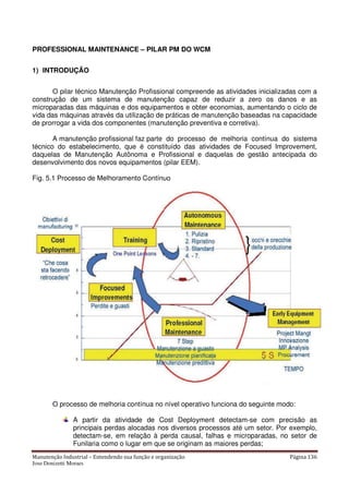 Manutenção Industrial – Entendendo sua função e organização Página 136
Jose Donizetti Moraes
PROFESSIONAL MAINTENANCE – PILAR PM DO WCM
1) INTRODUÇÃO
O pilar técnico Manutenção Profissional compreende as atividades inicializadas com a
construção de um sistema de manutenção capaz de reduzir a zero os danos e as
microparadas das máquinas e dos equipamentos e obter economias, aumentando o ciclo de
vida das máquinas através da utilização de práticas de manutenção baseadas na capacidade
de prorrogar a vida dos componentes (manutenção preventiva e corretiva).
A manutenção profissional faz parte do processo de melhoria contínua do sistema
técnico do estabelecimento, que é constituído das atividades de Focused Improvement,
daquelas de Manutenção Autônoma e Profissional e daquelas de gestão antecipada do
desenvolvimento dos novos equipamentos (pilar EEM).
Fig. 5.1 Processo de Melhoramento Contínuo
O processo de melhoria contínua no nível operativo funciona do seguinte modo:
A partir da atividade de Cost Deployment detectam-se com precisão as
principais perdas alocadas nos diversos processos até um setor. Por exemplo,
detectam-se, em relação à perda causal, falhas e microparadas, no setor de
Funilaria como o lugar em que se originam as maiores perdas;
 