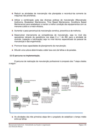Manutenção Industrial – Entendendo sua função e organização Página 140
Jose Donizetti Moraes
Reduzir as atividades de manutenção não planejadas e reconduzi-las somente às
máquinas não prioritárias;
Utilizar a combinação justa das diversas práticas de manutenção (Manutenção
Autônoma, Breakdown Maintenance, Time Based Maintenance, Conditions Based
Maintenance) para estabelecer e manter a melhor condição dos equipamentos com os
menores custos e a maior eficácia;
Aumentar o peso percentual da manutenção corretiva, preventiva e de melhoria;
Desenvolver internamente as competências de manutenção, seja no nível dos
operadores (através da assistência nos steps 0 e 1 de AM, para a atividade de
controle, inspeção e lubrificação) seja no nível técnico especializado do pessoal da
manutenção e das engenharias;
Promover boas capacidades de planejamento da manutenção;
Difundir uma cultura determinada a obter taxa zero de falhas e de paradas.
5.5 O percurso na implementação.
O percurso de realização da manutenção profissional é composto dos 7 steps citados
a seguir:
As atividades dos três primeiros steps têm o propósito de estabilizar o tempo médio
entre as falhas
 
