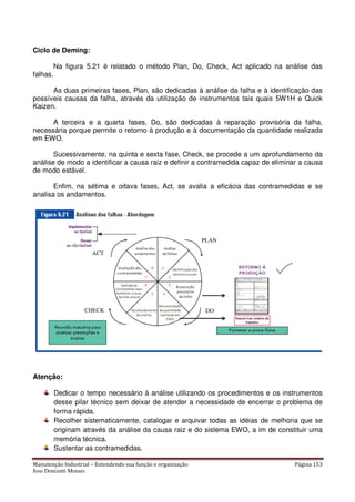 Manutenção Industrial – Entendendo sua função e organização Página 153
Jose Donizetti Moraes
Ciclo de Deming:
Na figura 5.21 é relatado o método Plan, Do, Check, Act aplicado na análise das
falhas.
As duas primeiras fases, Plan, são dedicadas à análise da falha e à identificação das
possíveis causas da falha, através da utilização de instrumentos tais quais 5W1H e Quick
Kaizen.
A terceira e a quarta fases, Do, são dedicadas à reparação provisória da falha,
necessária porque permite o retorno à produção e à documentação da quantidade realizada
em EWO.
Sucessivamente, na quinta e sexta fase, Check, se procede a um aprofundamento da
análise de modo a identificar a causa raiz e definir a contramedida capaz de eliminar a causa
de modo estável.
Enfim, na sétima e oitava fases, Act, se avalia a eficácia das contramedidas e se
analisa os andamentos.
Atenção:
Dedicar o tempo necessário à análise utilizando os procedimentos e os instrumentos
desse pilar técnico sem deixar de atender a necessidade de encerrar o problema de
forma rápida.
Recolher sistematicamente, catalogar e arquivar todas as idéias de melhoria que se
originam através da análise da causa raiz e do sistema EWO, a im de constituir uma
memória técnica.
Sustentar as contramedidas.
PLAN
DOCHECK
ACT
 