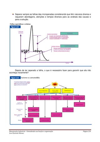 Manutenção Industrial – Entendendo sua função e organização Página 154
Jose Donizetti Moraes
Separar sempre as falhas das microparadas considerando que têm natureza diversa e
requerem abordagens, atenções e tempos diversos para as análises das causas e
para a solução.
Depois de ter reparado a falha, o que é necessário fazer para garantir que ela não
aconteça novamente?
Falhas esporádicas e crônicas
 