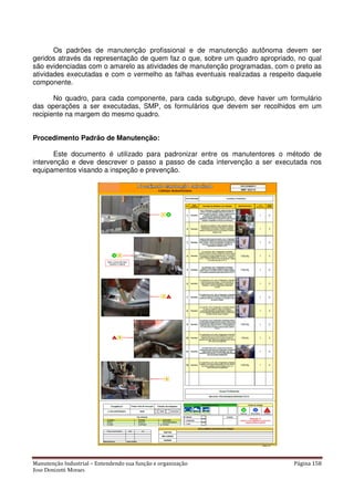 Manutenção Industrial – Entendendo sua função e organização Página 158
Jose Donizetti Moraes
Os padrões de manutenção profissional e de manutenção autônoma devem ser
geridos através da representação de quem faz o que, sobre um quadro apropriado, no qual
são evidenciadas com o amarelo as atividades de manutenção programadas, com o preto as
atividades executadas e com o vermelho as falhas eventuais realizadas a respeito daquele
componente.
No quadro, para cada componente, para cada subgrupo, deve haver um formulário
das operações a ser executadas, SMP, os formulários que devem ser recolhidos em um
recipiente na margem do mesmo quadro.
Procedimento Padrão de Manutenção:
Este documento é utilizado para padronizar entre os manutentores o método de
intervenção e deve descrever o passo a passo de cada intervenção a ser executada nos
equipamentos visando a inspeção e prevenção.
 