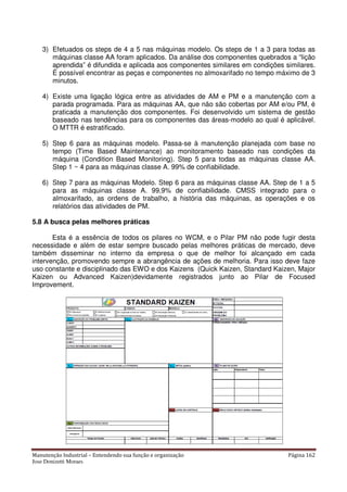 Manutenção Industrial – Entendendo sua função e organização Página 162
Jose Donizetti Moraes
3) Efetuados os steps de 4 a 5 nas máquinas modelo. Os steps de 1 a 3 para todas as
máquinas classe AA foram aplicados. Da análise dos componentes quebrados a “lição
aprendida” é difundida e aplicada aos componentes similares em condições similares.
É possível encontrar as peças e componentes no almoxarifado no tempo máximo de 3
minutos.
4) Existe uma ligação lógica entre as atividades de AM e PM e a manutenção com a
parada programada. Para as máquinas AA, que não são cobertas por AM e/ou PM, é
praticada a manutenção dos componentes. Foi desenvolvido um sistema de gestão
baseado nas tendências para os componentes das áreas-modelo ao qual é aplicável.
O MTTR é estratificado.
5) Step 6 para as máquinas modelo. Passa-se à manutenção planejada com base no
tempo (Time Based Maintenance) ao monitoramento baseado nas condições da
máquina (Condition Based Monitoring). Step 5 para todas as máquinas classe AA.
Step 1 ~ 4 para as máquinas classe A. 99% de confiabilidade.
6) Step 7 para as máquinas Modelo. Step 6 para as máquinas classe AA. Step de 1 a 5
para as máquinas classe A. 99,9% de confiabilidade. CMSS integrado para o
almoxarifado, as ordens de trabalho, a história das máquinas, as operações e os
relatórios das atividades de PM.
5.8 A busca pelas melhores práticas
Esta é a essência de todos os pilares no WCM, e o Pilar PM não pode fugir desta
necessidade e além de estar sempre buscado pelas melhores práticas de mercado, deve
também disseminar no interno da empresa o que de melhor foi alcançado em cada
intervenção, promovendo sempre a abrangência de ações de melhoria. Para isso deve faze
uso constante e disciplinado das EWO e dos Kaizens (Quick Kaizen, Standard Kaizen, Major
Kaizen ou Advanced Kaizen)devidamente registrados junto ao Pilar de Focused
Improvement.
 