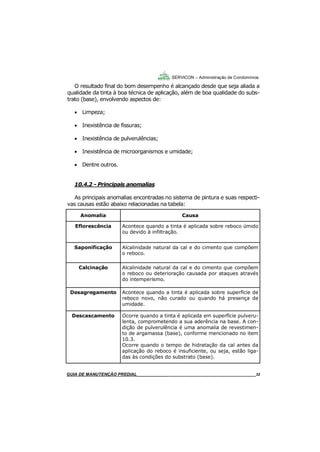 32
GUIA DO SÍNDICO___________________________________________________________________32
SERVICON – Administração de Condomínios
O resultado final do bom desempenho é alcançado desde que seja aliada a
qualidade da tinta à boa técnica de aplicação, além de boa qualidade do subs-
trato (base), envolvendo aspectos de:
 Limpeza;
 Inexistência de fissuras;
 Inexistência de pulverulências;
 Inexistência de microorganismos e umidade;
 Dentre outros.
10.4.2 - Principais anomalias
As principais anomalias encontradas no sistema de pintura e suas respecti-
vas causas estão abaixo relacionadas na tabela:
MANUAL DE LIMPEZA PARA CONDOMÍNIOS______________________________________________32GUIA DE MANUTENÇÃO PREDIAL_______________________________________________________32
Anomalia Causa
Eflorescência Acontece quando a tinta é aplicada sobre reboco úmido
ou devido à infiltração.
Saponificação Alcalinidade natural da cal e do cimento que compõem
o reboco.
Calcinação Alcalinidade natural da cal e do cimento que compõem
o reboco ou deterioração causada por ataques através
do intemperismo.
Desagregamento Acontece quando a tinta é aplicada sobre superfície de
reboco novo, não curado ou quando há presença de
umidade.
Descascamento Ocorre quando a tinta é aplicada em superfície pulveru-
lenta, comprometendo a sua aderência na base. A con-
dição de pulverulência é uma anomalia de revestimen-
to de argamassa (base), conforme mencionado no item
10.3.
Ocorre quando o tempo de hidratação da cal antes da
aplicação do reboco é insuficiente, ou seja, estão liga-
das às condições do substrato (base).
 