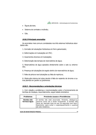 44
GUIA DO SÍNDICO___________________________________________________________________44
SERVICON – Administração de Condomínios
 Águas pluviais;
 Sistema de combate a incêndio;
 Gás.
10.8.2 Principais anomalias
As anomalias mais comuns constatadas nos três sistemas hidráulicos abor-
dados são:
1. Corrosão de tubulações hidráulicas em ferro galvanizado;
2. Deformações em tubulações em PVC;
3. Vazamentos diversos em tubulações;
4. Deterioração das tampas de reservatórios de água;
5. Reservatórios de água apoiados diretamente sobre o solo ou enterra-
dos;
6. Presença de tubulações de esgoto dentro de reservatórios de água;
7. Falta de pintura nas tubulações ou falta de repintura;
8. Obstrução interna de tubos devido à falta de replantio de árvores e ou-
tras plantas em jardins ou jardineiras.
10.8.3 - Recomendações e orientações técnicas
1. Com relação a problemas e recomendações sobre o funcionamento de
bombas de recalque, resumidamente, segue tabela orientativa:
MANUAL DE LIMPEZA PARA CONDOMÍNIOS______________________________________________44GUIA DE MANUTENÇÃO PREDIAL_______________________________________________________44
Problemas Prováveis causas e Providências
Bomba não
fornece água
A bomba não está escorvada. Portanto, desligue-a,
escorve outra vez e tente novamente. A bomba não
deve ser operada mais do que 30 segundos sem bom-
beamento, para evitar o superaquecimento e queima
do selo mecânico.
 