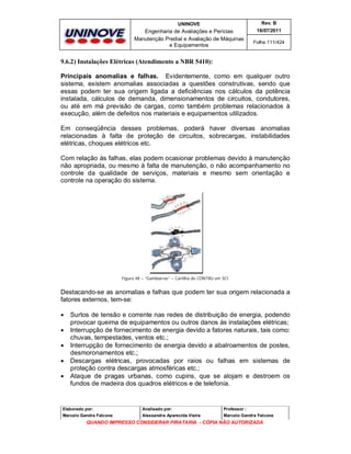 UNINOVE

Rev. B

Engenharia de Avaliações e Perícias
Manutenção Predial e Avaliação de Máquinas
e Equipamentos

16/07/2011
Folha 111/424

9.6.2) Instalações Elétricas (Atendimento a NBR 5410):
Principais anomalias e falhas. Evidentemente, como em qualquer outro
sistema, existem anomalias associadas a questões construtivas, sendo que
essas podem ter sua origem ligada a deficiências nos cálculos da potência
instalada, cálculos de demanda, dimensionamentos de circuitos, condutores,
ou até em má previsão de cargas, como também problemas relacionados à
execução, além de defeitos nos materiais e equipamentos utilizados.
Em conseqüência desses problemas, poderá haver diversas anomalias
relacionadas à falta de proteção de circuitos, sobrecargas, instabilidades
elétricas, choques elétricos etc.
Com relação às falhas, elas podem ocasionar problemas devido à manutenção
não apropriada, ou mesmo à falta de manutenção, o não acompanhamento no
controle da qualidade de serviços, materiais e mesmo sem orientação e
controle na operação do sistema.

Figura 48 – “Gambiarras” – Cartilha do CONTRU em SCI

Destacando-se as anomalias e falhas que podem ter sua origem relacionada a
fatores externos, tem-se:






Surtos de tensão e corrente nas redes de distribuição de energia, podendo
provocar queima de equipamentos ou outros danos às instalações elétricas;
Interrupção de fornecimento de energia devido a fatores naturais, tais como:
chuvas, tempestades, ventos etc.;
Interrupção de fornecimento de energia devido a abalroamentos de postes,
desmoronamentos etc.;
Descargas elétricas, provocadas por raios ou falhas em sistemas de
proteção contra descargas atmosféricas etc.;
Ataque de pragas urbanas, como cupins, que se alojam e destroem os
fundos de madeira dos quadros elétricos e de telefonia.

Elaborado por:

Analisado por:

Professor :

Marcelo Gandra Falcone

Alessandra Aparecida Vieira

Marcelo Gandra Falcone

QUANDO IMPRESSO CONSIDERAR PIRATARIA - CÓPIA NÃO AUTORIZADA

 