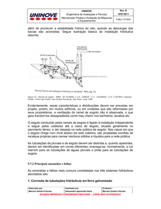 UNINOVE

Rev. B

Engenharia de Avaliações e Perícias
Manutenção Predial e Avaliação de Máquinas
e Equipamentos

16/07/2011
Folha 131/424

além de promover a estabilidade hídrica do ralo, quando as descargas das
bacias são acionadas. Segue ilustração básica da instalação hidráulica
descrita.

Figura 52 – Ramais de esgoto - IBAPE –SP, PUJADAS, F.Z.A.; GOMIDE, T.L.F.; FAGUNDES, J.C.P. e OUTROS, Inspeção
Predial –Check-Up Predial: Guia da Boa Prevenção. São Paulo: Leud, 2009.

Evidentemente, essas características e distribuições devem ser previstas em
projeto, porém, em muitos edifícios, ou em unidades que são reformadas por
seus proprietários, a ventilação do ramal de esgoto não é observada, o que
gera transtornos desagradáveis como mau cheiro nos banheiros, lavabos etc.
O esgoto conduzido pelos ramais de esgoto é ligado à instalação independente
e segue pelos coletores até a caixa de esgoto, situada geralmente no
pavimento térreo, e daí despeja na rede pública de esgoto. Nos casos em que
o esgoto chega num nível abaixo da rede coletora, são projetadas bombas de
recalque próprias para carrear resíduos sólidos e líquidos para a rede pública.
As tubulações de pluviais e de esgoto devem ser distintas e, quando aparentes,
devem ser identificadas em corres diferentes, emprega-se, normalmente, a cor
marrom para as tubulações de águas pluviais e preta para as tubulações de
esgoto.

9.7.2 Principais anomalias e falhas
As anomalias e falhas mais comuns constatadas nos três sistemas hidráulicos
abordados são:
1. Corrosão de tubulações hidráulicas em ferro galvanizado
Elaborado por:

Analisado por:

Professor :

Marcelo Gandra Falcone

Alessandra Aparecida Vieira

Marcelo Gandra Falcone

QUANDO IMPRESSO CONSIDERAR PIRATARIA - CÓPIA NÃO AUTORIZADA

 