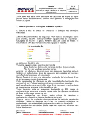 UNINOVE

Rev. B

Engenharia de Avaliações e Perícias
Manutenção Predial e Avaliação de Máquinas
e Equipamentos

16/07/2011
Folha 135/424

Assim como não deve haver passagem de tubulações de esgoto ou águas
pluviais dentro de reservatórios, também não é permitida a interligação entre
essas tubulações.
7. Falta de pintura nas tubulações ou falta de repintura
È comum a falta de pintura de sinalização e proteção nas tubulações
hidráulicas.
A Norma Regulamentadora de Segurança NR26 trata da sinalização e cores
para orientar, advertir, restringir,identificar equipamentos de segurança ,
tubulações de líquidos e gases, também possíveis áreas de riscos, os
trabalhadores a fim de evitar acidentes nos espaços de trabalho.

As aplicações das cores são:
Vermelho: equipamentos e aparelhos de incêndio
Caixa de alarmes de incêndio, hidrantes, bombas de incêndio,etc.
Não deve ser usada para sinalizar perigo.
Amarelo : em tubulações deve ser usado para gases não liquefeitos, aplicado
também em partes baixas, áreas de passagens para escadas, elevadores e
como fundo de letreiros de advertência,etc.
Branco: faixas de corredores e passarelas, localização de bebedouros, áreas
de armazenagens, zonas de segurança
Preto: canalizações de inflamáveis de alta viscosidade(óleo lubrificante, óleo
combustível, etc.).Pode ser usado com branco, em condições especiais.
Azul : canalizações de ar comprimido, advertência contra uso e movimentação
de equipamentos, avisos de fontes de potência, etc.
Verde: transmite idéia de segurança, localização de EPI, caixas de
equipamento de socorro de urgência, macas, caixa de máscaras, canalização
de água, emblemas de segurança, etc.
Laranja: canalizações com ácidos, partes móveis de máquinas e
equipamentos, dispositivos de corte, bordas de serras, etc.
Púrpura : perigo de irradiações eletromagnéticas de partículas penetrantes
nucleares, portas ou aberturas para locais com materiais radioativos, ou
contaminados com radioatividade, equipamentos produtores de radiação.
Lilás: canalizações que contem álcalis, pode ser usada em refinarias para
indicar lubrificantes.
Elaborado por:

Analisado por:

Professor :

Marcelo Gandra Falcone

Alessandra Aparecida Vieira

Marcelo Gandra Falcone

QUANDO IMPRESSO CONSIDERAR PIRATARIA - CÓPIA NÃO AUTORIZADA

 