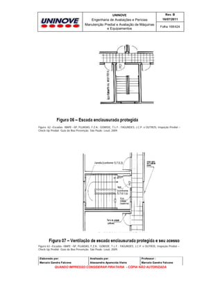 UNINOVE

Rev. B

Engenharia de Avaliações e Perícias
Manutenção Predial e Avaliação de Máquinas
e Equipamentos

16/07/2011
Folha 168/424

Figura 62 –Escadas- IBAPE –SP, PUJADAS, F.Z.A.; GOMIDE, T.L.F.; FAGUNDES, J.C.P. e OUTROS, Inspeção Predial –
Check-Up Predial: Guia da Boa Prevenção. São Paulo: Leud, 2009.

Figura 63 –Escadas- IBAPE –SP, PUJADAS, F.Z.A.; GOMIDE, T.L.F.; FAGUNDES, J.C.P. e OUTROS, Inspeção Predial –
Check-Up Predial: Guia da Boa Prevenção. São Paulo: Leud, 2009.
Elaborado por:

Analisado por:

Professor :

Marcelo Gandra Falcone

Alessandra Aparecida Vieira

Marcelo Gandra Falcone

QUANDO IMPRESSO CONSIDERAR PIRATARIA - CÓPIA NÃO AUTORIZADA

 