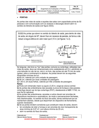 UNINOVE

Engenharia de Avaliações e Perícias
Manutenção Predial e Avaliação de Máquinas
e Equipamentos



Rev. B
16/07/2011
Folha 173/424

PORTAS

As portas das rotas de saída e aquelas das salas com capacidade acima de 50
pessoas e em comunicação com os acessos e descargas devem abrir no
sentido do trânsito de saída (ver figura 3333).

As larguras, vão livre ou “luz” das portas, comuns ou corta-fogo, utilizadas nas
rotas de saída, deve ser dimensionada como estabelecido em 5.4, admitindo se
uma redução no vão de luz, isto é, no livre, das portas em até 75 mm de cada
(golas), para o contramarco e alizares. As portas devem ter as seguintes
dimensões mínimas de luz:
a) 80 cm, valendo por uma unidade de passagem;
b) 90 cm, valendo por duas unidades de passagem;
c) 1,50 m, em duas folhas, valendo por três unidades de passagem.
Notas:
a) Porta com dimensão maior ou igual a 2,20 m, exige-se coluna central.
b) As portas das antecâmaras das escadas à prova de fumaça e das paredes
corta-fogo devem ser do tipo corta-fogo (PCF), obedecendo a NBR 11742, no
que lhe for aplicável.
c) As portas das antecâmaras, escadas e outros devem ser providas de
dispositivos mecânicos e automáticos, de modo a permanecerem fechadas,
mas destrancadas, no sentido do fluxo de saída, sendo admissível que se
mantenham abertas, desde que disponham de dispositivo de fechamento,
quando necessário.
d) Se as portas dividem corredores que constituem rotas de saída, devem:
 ter condições de reter a fumaça e ser providas de visor transparente de
área mínima de 0,07 m², com altura mínima de 25 cm;
 abrir no sentido do fluxo de saída;
Elaborado por:

Analisado por:

Professor :

Marcelo Gandra Falcone

Alessandra Aparecida Vieira

Marcelo Gandra Falcone

QUANDO IMPRESSO CONSIDERAR PIRATARIA - CÓPIA NÃO AUTORIZADA

 
