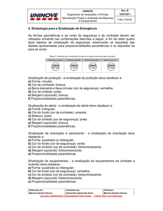 UNINOVE

Rev. B

Engenharia de Avaliações e Perícias
Manutenção Predial e Avaliação de Máquinas
e Equipamentos

16/07/2011
Folha 193/424

4. Simbologia para a Sinalização de Emergência
As formas geométricas e as cores de segurança e de contraste devem ser
utilizadas somente nas combinações descritas a seguir, a fim de obter quatro
tipos básicos de sinalização de segurança, observando os requisitos das
tabelas apresentadas para proporcionalidades paramétricas e os requisitos da
para as cores.

Sinalização de proibição - a sinalização de proibição deve obedecer a:
a) Forma: circular;
b) Cor de contraste: branca;
c) Barra diametral e faixa circular (cor de segurança): vermelha;
d) Cor do símbolo: preta;
e) Margem (opcional): branca;
f) Proporcionalidades paramétricas.
Sinalização de alerta - a sinalização de alerta deve obedecer a:
a) Forma: triangular;
b) Cor do fundo (cor de contraste): amarela;
c) Moldura: preta;
d) Cor do símbolo (cor de segurança): preta ;
e) Margem (opcional): branca;
f) Proporcionalidades paramétricas.
Sinalização de orientação e salvamento - a sinalização de orientação deve
obedecer a:
a) Forma: quadrada ou retangular;
b) Cor do fundo (cor de segurança): verde;
c) Cor do símbolo (cor de contraste): fotoluminescente;
d) Margem (opcional): fotoluminescente;
e) Proporcionalidades paramétricas.
Sinalização de equipamentos - a sinalização de equipamentos de combate a
incêndio deve obedecer:
a) Forma: quadrada ou retangular;
b) Cor de fundo (cor de segurança): vermelha;
c) Cor do símbolo (cor de contraste): fotoluminescente;
d) Margem (opcional): fotoluminescente;
e) Proporcionalidades paramétricas.
Elaborado por:

Analisado por:

Professor :

Marcelo Gandra Falcone

Alessandra Aparecida Vieira

Marcelo Gandra Falcone

QUANDO IMPRESSO CONSIDERAR PIRATARIA - CÓPIA NÃO AUTORIZADA

 