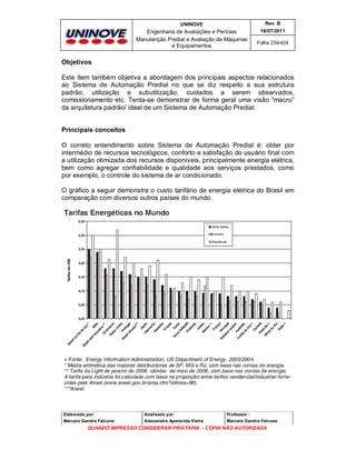 UNINOVE

Rev. B

Engenharia de Avaliações e Perícias
Manutenção Predial e Avaliação de Máquinas
e Equipamentos

16/07/2011
Folha 234/424

Objetivos
Este item também objetiva a abordagem dos principais aspectos relacionados
ao Sistema de Automação Predial no que se diz respeito a sua estrutura
padrão, utilização e subutilização, cuidados a serem observados,
comissionamento etc. Tenta-se demonstrar de forma geral uma visão “macro”
da arquitetura padrão/ ideal de um Sistema de Automação Predial.
Principais conceitos
O correto entendimento sobre Sistema de Automação Predial é: obter por
intermédio de recursos tecnológicos, conforto e satisfação do usuário final com
a utilização otimizada dos recursos disponíveis, principalmente energia elétrica,
bem como agregar confiabilidade e qualidade aos serviços prestados, como
por exemplo, o controle do sistema de ar condicionado.
O gráfico a seguir demonstra o custo tarifário de energia elétrica do Brasil em
comparação com diversos outros países do mundo.

Elaborado por:

Analisado por:

Professor :

Marcelo Gandra Falcone

Alessandra Aparecida Vieira

Marcelo Gandra Falcone

QUANDO IMPRESSO CONSIDERAR PIRATARIA - CÓPIA NÃO AUTORIZADA

 