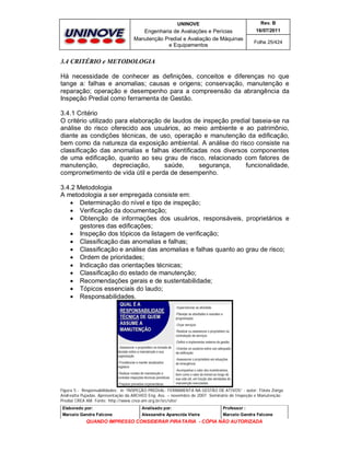 UNINOVE

Rev. B

Engenharia de Avaliações e Perícias
Manutenção Predial e Avaliação de Máquinas
e Equipamentos

16/07/2011
Folha 25/424

3.4 CRITÉRIO e METODOLOGIA
Há necessidade de conhecer as definições, conceitos e diferenças no que
tange a: falhas e anomalias; causas e origens; conservação, manutenção e
reparação; operação e desempenho para a compreensão da abrangência da
Inspeção Predial como ferramenta de Gestão.
3.4.1 Critério
O critério utilizado para elaboração de laudos de inspeção predial baseia-se na
análise do risco oferecido aos usuários, ao meio ambiente e ao patrimônio,
diante as condições técnicas, de uso, operação e manutenção da edificação,
bem como da natureza da exposição ambiental. A análise do risco consiste na
classificação das anomalias e falhas identificadas nos diversos componentes
de uma edificação, quanto ao seu grau de risco, relacionado com fatores de
manutenção,
depreciação,
saúde,
segurança,
funcionalidade,
comprometimento de vida útil e perda de desempenho.
3.4.2 Metodologia
A metodologia a ser empregada consiste em:
 Determinação do nível e tipo de inspeção;
 Verificação da documentação;
 Obtenção de informações dos usuários, responsáveis, proprietários e
gestores das edificações;
 Inspeção dos tópicos da listagem de verificação;
 Classificação das anomalias e falhas;
 Classificação e análise das anomalias e falhas quanto ao grau de risco;
 Ordem de prioridades;
 Indicação das orientações técnicas;
 Classificação do estado de manutenção;
 Recomendações gerais e de sustentabilidade;
 Tópicos essenciais do laudo;
 Responsabilidades.

Figura 5 - Responsabilidades; in “INSPEÇÃO PREDIAL: FERRAMENTA NA GESTÃO DE ATIVOS” - autor: Flávia Zoéga
Andreatta Pujadas. Apresentação da ARCHEO Eng. Ass. – novembro de 2007 Seminário de Inspeção e Manutenção
Predial CREA AM. Fonte: http://www.crea-am.org.br/src/site/
Elaborado por:

Analisado por:

Professor :

Marcelo Gandra Falcone

Alessandra Aparecida Vieira

Marcelo Gandra Falcone

QUANDO IMPRESSO CONSIDERAR PIRATARIA - CÓPIA NÃO AUTORIZADA

 
