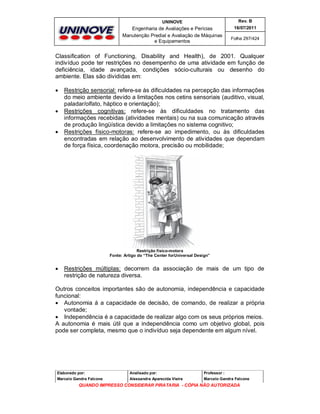 UNINOVE

Rev. B

Engenharia de Avaliações e Perícias
Manutenção Predial e Avaliação de Máquinas
e Equipamentos

16/07/2011
Folha 297/424

Classification of Functioning, Disability and Health), de 2001. Qualquer
indivíduo pode ter restrições no desempenho de uma atividade em função de
deficiência, idade avançada, condições sócio-culturais ou desenho do
ambiente. Elas são divididas em:






Restrição sensorial: refere-se às dificuldades na percepção das informações
do meio ambiente devido a limitações nos cetins sensoriais (auditivo, visual,
paladar/olfato, háptico e orientação);
Restrições cognitivas: refere-se às dificuldades no tratamento das
informações recebidas (atividades mentais) ou na sua comunicação através
de produção lingüística devido a limitações no sistema cognitivo;
Restrições físico-motoras: refere-se ao impedimento, ou às dificuldades
encontradas em relação ao desenvolvimento de atividades que dependam
de força física, coordenação motora, precisão ou mobilidade;

Restrição físico-motora
Fonte: Artigo do “The Center forUniversal Design”



Restrições múltiplas: decorrem da associação de mais de um tipo de
restrição de natureza diversa.

Outros conceitos importantes são de autonomia, independência e capacidade
funcional:
 Autonomia á a capacidade de decisão, de comando, de realizar a própria
vontade;
 Independência é a capacidade de realizar algo com os seus próprios meios.
A autonomia é mais útil que a independência como um objetivo global, pois
pode ser completa, mesmo que o indivíduo seja dependente em algum nível.

Elaborado por:

Analisado por:

Professor :

Marcelo Gandra Falcone

Alessandra Aparecida Vieira

Marcelo Gandra Falcone

QUANDO IMPRESSO CONSIDERAR PIRATARIA - CÓPIA NÃO AUTORIZADA

 