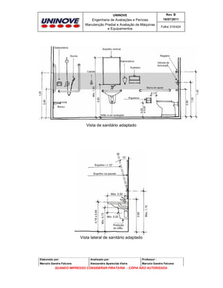UNINOVE

Rev. B

Engenharia de Avaliações e Perícias
Manutenção Predial e Avaliação de Máquinas
e Equipamentos

16/07/2011
Folha 310/424

Vista de sanitário adaptado

Vista lateral de sanitário adaptado

Elaborado por:

Analisado por:

Professor :

Marcelo Gandra Falcone

Alessandra Aparecida Vieira

Marcelo Gandra Falcone

QUANDO IMPRESSO CONSIDERAR PIRATARIA - CÓPIA NÃO AUTORIZADA

 