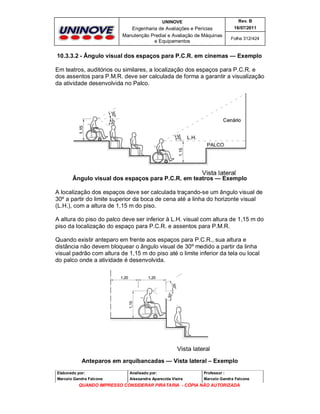 UNINOVE

Rev. B

Engenharia de Avaliações e Perícias
Manutenção Predial e Avaliação de Máquinas
e Equipamentos

16/07/2011
Folha 312/424

10.3.3.2 - Ângulo visual dos espaços para P.C.R. em cinemas — Exemplo
Em teatros, auditórios ou similares, a localização dos espaços para P.C.R. e
dos assentos para P.M.R. deve ser calculada de forma a garantir a visualização
da atividade desenvolvida no Palco.

Ângulo visual dos espaços para P.C.R. em teatros — Exemplo
A localização dos espaços deve ser calculada traçando-se um ângulo visual de
30º a partir do limite superior da boca de cena até a linha do horizonte visual
(L.H.), com a altura de 1,15 m do piso.
A altura do piso do palco deve ser inferior à L.H. visual com altura de 1,15 m do
piso da localização do espaço para P.C.R. e assentos para P.M.R.
Quando existir anteparo em frente aos espaços para P.C.R., sua altura e
distância não devem bloquear o ângulo visual de 30º medido a partir da linha
visual padrão com altura de 1,15 m do piso até o limite inferior da tela ou local
do palco onde a atividade é desenvolvida.

Anteparos em arquibancadas — Vista lateral – Exemplo
Elaborado por:

Analisado por:

Professor :

Marcelo Gandra Falcone

Alessandra Aparecida Vieira

Marcelo Gandra Falcone

QUANDO IMPRESSO CONSIDERAR PIRATARIA - CÓPIA NÃO AUTORIZADA

 