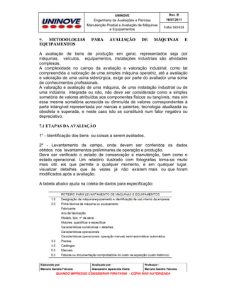 UNINOVE

Engenharia de Avaliações e Perícias
Manutenção Predial e Avaliação de Máquinas
e Equipamentos

7.
METODOLOGIAS
EQUIPAMENTOS

Rev. B
16/07/2011

PARA

AVALIAÇÃO

DE

Folha 340/424

MÁQUINAS

E

A avaliação de bens de produção em geral, representados seja por
máquinas, veículos, equipamentos, instalações industriais são atividades
complexas.
A complexidade no campo da avaliação e valoração industrial, como tal
compreendida a valoração de uma simples máquina operatriz, até a avaliação
e valoração de uma usina siderúrgica, exige por parte do avaliador uma soma
de conhecimentos profissionais.
A valoração e avaliação de uma máquina, de uma instalação industrial ou de
uma indústria integrada ou não, não deve ser considerada como a simples
somatória de valores atribuídos aos componentes físicos ou tangíveis, mas sim
essa mesma somatória acrescida ou diminuída de valores correspondentes à
parte intangível representada por marcas e patentes, tecnologia atualizada ou
obsoleta e superada, e neste caso isto se constituirá num fator negativo ou
depreciativo.
7.1 ETAPAS DA AVALIAÇÃO
1° - Identificação dos bens ou coisas a serem avaliados.
2º - Levantamento de campo, onde devem ser conferidos os dados
obtidos nos levantamentos preliminares de operação e produção.
Deve ser verificado o estado de conservação e manutenção, bem como o
estado operacional. Um relatório ilustrado com fotografias torna-se muito
mais útil, eis que permite a qualquer momento, e em qualquer lugar,
visualizar detalhes que ás vezes já não existem mais ou que foram
modificados após a avaliação.
A tabela abaixo ajuda na coleta de dados para especificação:

Elaborado por:

Analisado por:

Professor :

Marcelo Gandra Falcone

Alessandra Aparecida Vieira

Marcelo Gandra Falcone

QUANDO IMPRESSO CONSIDERAR PIRATARIA - CÓPIA NÃO AUTORIZADA

 