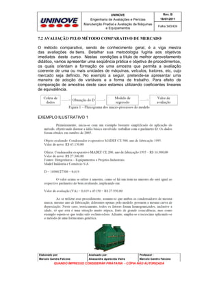 UNINOVE

Rev. B

Engenharia de Avaliações e Perícias
Manutenção Predial e Avaliação de Máquinas
e Equipamentos

16/07/2011
Folha 343/424

7.2 AVALIAÇÃO PELO MÉTODO COMPARATIVO DE MERCADO
O método comparativo, sendo de conhecimento geral, é a viga mestra
das avaliações de bens. Detalhar sua metodologia fugiria aos objetivos
imediatos deste curso. Nestas condições a título de melhor aproveitamento
didático, vamos apresentar uma seqüência prática e objetiva de procedimentos,
os quais orientam a formação de uma amostra que permita a avaliação
coerente de uma ou mais unidades de máquinas, veículos, tratores, etc, cujo
mercado seja definido. No exemplo a seguir, pretende-se apresentar uma
maneira de adoção de variáveis e a forma de trabalho. Para efeito de
comparação de amostras deste caso estamos utilizando coeficientes lineares
de equivalência.

EXEMPLO ILUSTRATIVO 1

Elaborado por:

Analisado por:

Professor :

Marcelo Gandra Falcone

Alessandra Aparecida Vieira

Marcelo Gandra Falcone

QUANDO IMPRESSO CONSIDERAR PIRATARIA - CÓPIA NÃO AUTORIZADA

 