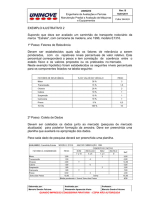 UNINOVE

Rev. B

Engenharia de Avaliações e Perícias
Manutenção Predial e Avaliação de Máquinas
e Equipamentos

16/07/2011
Folha 344/424

EXEMPLO ILUSTRATIVO 2
Supondo que deva ser avaliado um caminhão de transporte rodoviário da
marca "Estrela", com carroceria de madeira, ano 1996, modelo E1316.
1º Passo: Fatores de Relevância
Devem ser estabelecidos quais são os fatores de relevância a serem
ponderados, com os repetíveis níveis percentuais de valor relativo. Este
percentual corresponderá a pesos e tem correlação de coerência entre o
estado físico e os valores propostos ou os praticados no mercado.
Neste exemplo hipotético foram estabelecidos os seguintes níveis percentuais
para os componentes listados na tabela seguinte:

2º Passo: Coleta de Dados
Devem ser coletados os dados junto ao mercado (pesquisa de mercado
atualizada) para posterior formação da amostra. Deve ser preenchida uma
planilha que auxiliará na apropriação dos dados.
Para cada dado de pesquisa deverá ser preenchida uma planilha.

Elaborado por:

Analisado por:

Professor :

Marcelo Gandra Falcone

Alessandra Aparecida Vieira

Marcelo Gandra Falcone

QUANDO IMPRESSO CONSIDERAR PIRATARIA - CÓPIA NÃO AUTORIZADA

 
