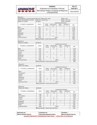 UNINOVE

Rev. B

Engenharia de Avaliações e Perícias
Manutenção Predial e Avaliação de Máquinas
e Equipamentos

16/07/2011
Folha 345/424

Elaborado por:

Analisado por:

Professor :

Marcelo Gandra Falcone

Alessandra Aparecida Vieira

Marcelo Gandra Falcone

QUANDO IMPRESSO CONSIDERAR PIRATARIA - CÓPIA NÃO AUTORIZADA

 