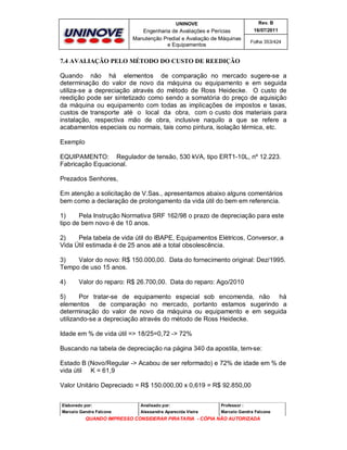 UNINOVE

Rev. B

Engenharia de Avaliações e Perícias
Manutenção Predial e Avaliação de Máquinas
e Equipamentos

16/07/2011
Folha 353/424

7.4 AVALIAÇÃO PELO MÉTODO DO CUSTO DE REEDIÇÃO
Quando não há elementos de comparação no mercado sugere-se a
determinação do valor de novo da máquina ou equipamento e em seguida
utiliza-se a depreciação através do método de Ross Heidecke. O custo de
reedição pode ser sintetizado como sendo a somatória do preço de aquisição
da máquina ou equipamento com todas as implicações de impostos e taxas,
custos de transporte até o local da obra, com o custo dos materiais para
instalação, respectiva mão de obra, inclusive naquilo a que se refere a
acabamentos especiais ou normais, tais como pintura, isolação térmica, etc.
Exemplo
EQUIPAMENTO: Regulador de tensão, 530 kVA, tipo ERT1-10L, nº 12.223.
Fabricação Equacional.
Prezados Senhores,
Em atenção a solicitação de V.Sas., apresentamos abaixo alguns comentários
bem como a declaração de prolongamento da vida útil do bem em referencia.
1)
Pela Instrução Normativa SRF 162/98 o prazo de depreciação para este
tipo de bem novo é de 10 anos.
2)
Pela tabela de vida útil do IBAPE, Equipamentos Elétricos, Conversor, a
Vida Útil estimada é de 25 anos até a total obsolescência.
3)
Valor do novo: R$ 150.000,00. Data do fornecimento original: Dez/1995.
Tempo de uso 15 anos.
4)

Valor do reparo: R$ 26.700,00. Data do reparo: Ago/2010

5)
Por tratar-se de equipamento especial sob encomenda, não há
elementos de comparação no mercado, portanto estamos sugerindo a
determinação do valor de novo da máquina ou equipamento e em seguida
utilizando-se a depreciação através do método de Ross Heidecke.
Idade em % de vida útil => 18/25=0,72 -> 72%
Buscando na tabela de depreciação na página 340 da apostila, tem-se:
Estado B (Novo/Regular -> Acabou de ser reformado) e 72% de idade em % de
vida útil K = 61,9
Valor Unitário Depreciado = R$ 150.000,00 x 0,619 = R$ 92.850,00
Elaborado por:

Analisado por:

Professor :

Marcelo Gandra Falcone

Alessandra Aparecida Vieira

Marcelo Gandra Falcone

QUANDO IMPRESSO CONSIDERAR PIRATARIA - CÓPIA NÃO AUTORIZADA

 