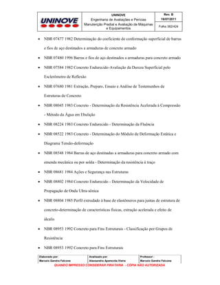 UNINOVE

Engenharia de Avaliações e Perícias
Manutenção Predial e Avaliação de Máquinas
e Equipamentos



Rev. B
16/07/2011
Folha 382/424

NBR 07477 1982 Determinação do coeficiente de conformação superficial de barras
e fios de aço destinados a armaduras de concreto armado



NBR 07480 1996 Barras e fios de aço destinados a armaduras para concreto armado



NBR 07584 1982 Concreto Endurecido-Avaliação da Dureza Superficial pelo
Esclerômetro de Reflexão



NBR 07680 1981 Extração, Preparo, Ensaio e Análise de Testemunhos de
Estruturas de Concreto



NBR 08045 1983 Concreto - Determinação da Resistência Acelerada à Compressão
- Método da Água em Ebulição



NBR 08224 1983 Concreto Endurecido - Determinação da Fluência



NBR 08522 1983 Concreto - Determinação do Módulo de Deformação Estática e
Diagrama Tensão-deformação



NBR 08548 1984 Barras de aço destinadas a armaduras para concreto armado com
emenda mecânica ou por solda - Determinação da resistência à traço



NBR 08681 1984 Ações e Segurança nas Estruturas



NBR 08802 1984 Concreto Endurecido - Determinação da Velocidade de
Propagação de Onda Ultra-sônica



NBR 08804 1985 Perfil extrudado à base de elastômeros para juntas de estrutura de
concreto-determinação de características físicas, extração acelerada e efeito de
álcalis



NBR 08953 1992 Concreto para Fins Estruturais - Classificação por Grupos de
Resistência



NBR 08953 1992 Concreto para Fins Estruturais

Elaborado por:

Analisado por:

Professor :

Marcelo Gandra Falcone

Alessandra Aparecida Vieira

Marcelo Gandra Falcone

QUANDO IMPRESSO CONSIDERAR PIRATARIA - CÓPIA NÃO AUTORIZADA

 