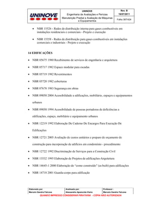 UNINOVE

Rev. B

Engenharia de Avaliações e Perícias
Manutenção Predial e Avaliação de Máquinas
e Equipamentos

16/07/2011
Folha 387/424



NBR 15526 - Redes de distribuição interna para gases combustíveis em
instalações residenciais e comerciais - Projeto e execução



NBR 15358 - Redes de distribuição para gases combustíveis em instalações
comerciais e industriais - Projeto e execução

14 EDIFICAÇÕES


NBR 05675 1980 Recebimento de servicos de engenharia e arquitetura



NBR 05717 1982 Espaco modular para escadas



NBR 05719 1982 Revestimentos



NBR 05720 1982 coberturas



NBR 07678 1983 Segurança em obras



NBR 09050 2004 Acessibilidade a edificações, mobiliário, espaços e equipamentos
urbanos



NBR 09050 1994 Acessibilidade de pessoas portadoras de deficiências a
edificações, espaço, mobiliário e equipamento urbanos



NBR 12219 1992 Elaboração De Caderno De Encargos Para Execução De
Edificações



NBR 12721 2005 Avaliação de custos unitários e preparo de orçamento de
construção para incorporação de edifícios em condomínio - procedimento



NBR 12722 1992 Discriminação de Serviços para a Construção Civil



NBR 13532 1995 Elaboração de Projetos de edificações-Arquitetura



NBR 14645-1 2000 Elaboração do “como construído” (as built) para edificações



NBR 14718 2001 Guarda-corpo para edificação

Elaborado por:

Analisado por:

Professor :

Marcelo Gandra Falcone

Alessandra Aparecida Vieira

Marcelo Gandra Falcone

QUANDO IMPRESSO CONSIDERAR PIRATARIA - CÓPIA NÃO AUTORIZADA

 