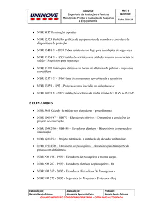 UNINOVE

Rev. B

Engenharia de Avaliações e Perícias
Manutenção Predial e Avaliação de Máquinas
e Equipamentos

16/07/2011
Folha 389/424



NBR 8837 Iluminação esportiva



NBR 12523 Símbolos gráficos de equipamentos de manobra e controle e de
dispositivos de proteção



NBR 13418 01--1995 Cabos resistentes ao fogo para instalações de segurança



NBR 13534 01- 1995 Instalações elétricas em estabelecimentos assistenciais de
saúde – Requisitos para segurança



NBR 13570 Instalações elétricas em locais de afluência de público – requisitos
específicos



NBR 13571 01- 1996 Haste de aterramento aço-cobreada e acessórios



NBR 13859 - 1997 - Protecao contra incendio em subestacoes e



NBR 14039 31- 2005 Instalações elétricas de média tensão de 1,0 kV a 36,2 kV

17 ELEVADORES


NBR 5665 Cálculo de tráfego nos elevadores – procedimento



NBR 10098/87 – PB670 – Elevadores elétricos – Dimensões e condições do
projeto de construção



NBR 10982/90 – PB1448 – Elevadores elétricos – Dispositivos de operação e
sinalização



NBR 12892/93 – Projeto, fabricação e instalação de elevador unifamiliar.



NBR 13994/00 – Elevadores de passageiros – elevadores para transporte de
pessoa com deficiência.



NBR NM 196 - 1999 - Elevadores de passageiros e monta-cargas



NBR NM 207 - 1999 - Elevadores eletricos de passageiros - Re



NBR NM 267 - 2002 - Elevadores Hidraulicos De Passageiros -



NBR NM 272 - 2002 - Seguranca de Maquinas - Protecoes - Req

Elaborado por:

Analisado por:

Professor :

Marcelo Gandra Falcone

Alessandra Aparecida Vieira

Marcelo Gandra Falcone

QUANDO IMPRESSO CONSIDERAR PIRATARIA - CÓPIA NÃO AUTORIZADA

 