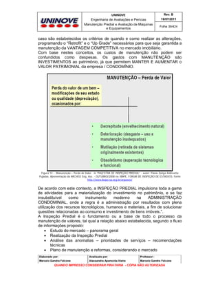 UNINOVE

Rev. B

Engenharia de Avaliações e Perícias
Manutenção Predial e Avaliação de Máquinas
e Equipamentos

16/07/2011
Folha 39/424

caso são estabelecidos os critérios de quando e como realizar as alterações,
programando o “Retrofit” e o “Up Grade” necessários para que seja garantida a
manutenção da VANTAGEM COMPETITIVA no mercado imobiliário.
Com base nestes conceitos, os custos de manutenção não podem ser
confundidos como despesas. Os gastos com MANUTENÇÃO são
INVESTIMENTOS ao patrimônio, já que permitem MANTER E AUMENTAR o
VALOR PATRIMONIAL da empresa / CONDOMÍNIO.

Figura 14 - Manutenção – Perda de Valor; in “PALESTRA DE INSPEÇÃO PREDIAL” - autor: Flávia Zoéga Andreatta
Pujadas. Apresentação da ARCHEO Eng. Ass. - OUTUBRO/2008 no IBAPE, FORUM DE INSPEÇÃO DE ESTADIOS. Fonte
http://www.ibape-sp.org.br/arquivos/

De acordo com este contexto, a INSPEÇÃO PREDIAL impulsiona toda a gama
de atividades para a materialização do investimento no patrimônio, e se faz
insubstituível
como
instrumento
moderno
na
ADMINISTRAÇÃO
CONDOMINIAL, onde a regra é a administração por resultados com plena
utilização dos recursos tecnológicos, humanos e materiais, a fim de solucionar
questões relacionadas ao consumo e investimento de bens imóveis.”.
A Inspeção Predial é o fundamento ou a base de todo o processo da
manutenção de valores, tal qual a relação abaixo estabelecida, segundo o fluxo
de informações proposto:
 Estudo do mercado – panorama geral
 Realização da Inspeção Predial
 Análise das anomalias – prioridades de serviços – recomendações
técnicas
 Plano de manutenção e reformas, considerando o mercado
Elaborado por:

Analisado por:

Professor :

Marcelo Gandra Falcone

Alessandra Aparecida Vieira

Marcelo Gandra Falcone

QUANDO IMPRESSO CONSIDERAR PIRATARIA - CÓPIA NÃO AUTORIZADA

 