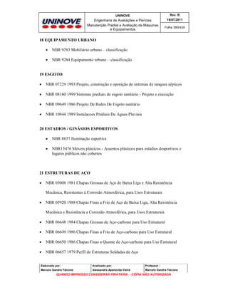 UNINOVE

Rev. B

Engenharia de Avaliações e Perícias
Manutenção Predial e Avaliação de Máquinas
e Equipamentos

16/07/2011
Folha 390/424

18 EQUIPAMENTO URBANO


NBR 9283 Mobiliário urbano – classificação



NBR 9284 Equipamento urbano – classificação

19 ESGOTO


NBR 07229 1993 Projeto, construção e operação de sistemas de tanques sépticos



NBR 08160 1999 Sistemas prediais de esgoto sanitário - Projeto e execução



NBR 09649 1986 Projeto De Redes De Esgoto sanitário



NBR 10844 1989 Instalacoes Prediais De Aguas Pluviais

20 ESTADIOS / GINÁSIOS ESPORTIVOS


NBR 8837 Iluminação esportiva



NBR15476 Móveis plásticos - Assentos plásticos para estádios desportivos e
lugares públicos não cobertos

21 ESTRUTURAS DE AÇO


NBR 05008 1981 Chapas Grossas de Aço de Baixa Liga e Alta Resistência
Mecânica, Resistentes à Corrosão Atmosférica, para Usos Estruturais



NBR 05920 1988 Chapas Finas a Frio de Aço de Baixa Liga, Alta Resistência
Mecânica e Resistência a Corrosão Atmosférica, para Usos Estruturais



NBR 06648 1984 Chapas Grossas de Aço-carbono para Uso Estrutural



NBR 06649 1986 Chapas Finas a Frio de Aço-carbono para Uso Estrutural



NBR 06650 1986 Chapas Finas a Quente de Aço-carbono para Uso Estrutural



NBR 06657 1979 Perfil de Estruturas Soldadas de Aço

Elaborado por:

Analisado por:

Professor :

Marcelo Gandra Falcone

Alessandra Aparecida Vieira

Marcelo Gandra Falcone

QUANDO IMPRESSO CONSIDERAR PIRATARIA - CÓPIA NÃO AUTORIZADA

 