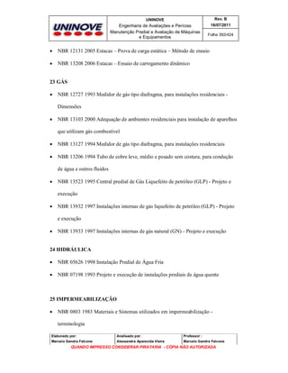 UNINOVE

Rev. B

Engenharia de Avaliações e Perícias
Manutenção Predial e Avaliação de Máquinas
e Equipamentos

16/07/2011
Folha 392/424



NBR 12131 2005 Estacas – Prova de carga estática – Método de ensaio



NBR 13208 2006 Estacas – Ensaio de carregamento dinâmico

23 GÁS


NBR 12727 1993 Medidor de gás tipo diafragma, para instalações residenciais Dimensões



NBR 13103 2000 Adequação de ambientes residenciais para instalação de aparelhos
que utilizam gás combustível



NBR 13127 1994 Medidor de gás tipo diafragma, para instalações residenciais



NBR 13206 1994 Tubo de cobre leve, médio e pesado sem costura, para condução
de água e outros fluidos



NBR 13523 1995 Central predial de Gás Liquefeito de petróleo (GLP) - Projeto e
execução



NBR 13932 1997 Instalações internas de gás liquefeito de petróleo (GLP) - Projeto
e execução



NBR 13933 1997 Instalações internas de gás natural (GN) - Projeto e execução

24 HIDRÁULICA


NBR 05626 1998 Instalação Predial de Água Fria



NBR 07198 1993 Projeto e execução de instalações prediais de água quente

25 IMPERMEABILIZAÇÃO


NBR 0803 1983 Materiais e Sistemas utilizados em impermeabilização terminologia

Elaborado por:

Analisado por:

Professor :

Marcelo Gandra Falcone

Alessandra Aparecida Vieira

Marcelo Gandra Falcone

QUANDO IMPRESSO CONSIDERAR PIRATARIA - CÓPIA NÃO AUTORIZADA

 