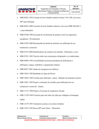 UNINOVE

Engenharia de Avaliações e Perícias
Manutenção Predial e Avaliação de Máquinas
e Equipamentos



Rev. B
16/07/2011
Folha 394/424

NBR 06925 1995 Conexão de ferro fundido maleável classes 150 e 300, com rosca
NPT para tubulação



NBR 06943 2000 Conexões de ferro fundido maleável, com rosca NBR NM-ISO 71, para tubulações



NBR 07200 1998 Execução de revestimento de paredes e tetos de argamassas
inorgânicas - Procedimento



NBR 07202 2000 Desempenho de janelas de alumínio em edificação de uso
residencial e comercial



NBR 07532 2000 Identificadores de extintores de incêndio - Dimensões e cores



NBR 07541 1982 Tubo de cobre sem costura para refrigeração e ar condicionado



NBR 09050 1994 Acessibilidade de pessoas portadoras de deficiências a
edificações, espaço, mobiliário e equipamento urbanos



NBR 09077 2001 Saidas de emergencia em edificios



NBR 10818 1989 Qualidade de Água de Piscina



NBR 10829 1989 Caixilho para edificação - janela - Medição da atenuação acústica



NBR 10831 1989 Projeto e utilização de caixilhos para edificações de uso
residencial e comercial - Janelas



NBR 11173 1990 Projeto e Execução de Argamassa Armada



NBR 11720 1994 Conexões para unir tubos de cobre por soldagem ou brasagem
capilar



NBR 12179 1992 Tratamento acústico em recintos fechados



NBR 12912 1993 Rosca NPT para Tubos – Dimensões

Elaborado por:

Analisado por:

Professor :

Marcelo Gandra Falcone

Alessandra Aparecida Vieira

Marcelo Gandra Falcone

QUANDO IMPRESSO CONSIDERAR PIRATARIA - CÓPIA NÃO AUTORIZADA

 