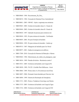 UNINOVE

Rev. B

Engenharia de Avaliações e Perícias
Manutenção Predial e Avaliação de Máquinas
e Equipamentos

16/07/2011



NBR 08660 - 1984 - Revestimento_De_Piso_



NBR 08674 - 1984 - Execução de Sistemas Fixos Automáticosd



NBR 08681 - 2003 - NB 862 - Ações e segurança nas estruturas



NBR 09443 - 2002 - Extintor de incendio classe A - Ensaio de



NBR 09444 - 2002 - Extintor de incendio classe B - Ensaio de



NBR 09654 - 1997 - Indicador de pressao para extintores de i



NBR 09694 - 1992 - Po para extincao de incendio - Verificação



NBR 09695 - 2003 - Pó para Extinção de Incêndio



NBR 09696 - 1992 - Po para extincao de incendio - Analise gr



NBR 09715 - 1987 - Mangueira de Incêndio para Uso Naval



NBR 09077 - 2001 - Saidas de emergencia em edificios



NBR 17240 - 2010 - Execução de Sistemas de Detecção e Alarme



NBR 09442 - 1986 - Determinacao_do_indice_de_propagacao_supe



NBR 10636 - 1989 - Paredes divisórias - Resistencia contra f



NBR 10721 - 2005 - Extintores de Incêndio com Carga de Pó



NBR 10830 - 1989 - Tb 355 - Caixilho Para Edificacao - Acust



NBR 10866 - 1989 - Portas classe A e B construcao naval Ensa



NBR 10897 - 2004 - Proteção Contra Incêndio por Chuveiro Aut



NBR 10898 - 1999 - Sistema de Iluminação de Emergência



NBR 11711 - 2003 - Portas e Vedadores Corta-fogo com Núcleo



NBR 11715 - 2003 - Extintores de Incêndio com Carga de Água



Folha 398/424

NBR 11716 - 2004 - Extintores de Incêndio com Carga de CO2

Elaborado por:

Analisado por:

Professor :

Marcelo Gandra Falcone

Alessandra Aparecida Vieira

Marcelo Gandra Falcone

QUANDO IMPRESSO CONSIDERAR PIRATARIA - CÓPIA NÃO AUTORIZADA

 