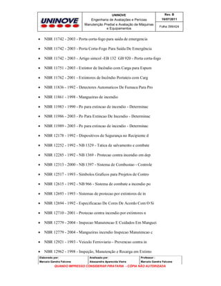 UNINOVE

Rev. B

Engenharia de Avaliações e Perícias
Manutenção Predial e Avaliação de Máquinas
e Equipamentos

16/07/2011
Folha 399/424



NBR 11742 - 2003 - Porta corta-fogo para saida de emergencia



NBR 11742 - 2003 - Porta Corta-Fogo Para Saída De Emergência



NBR 11742 - 2003 - Artigo simcol -EB 132 GB 920 - Porta corta-fogo



NBR 11751 - 2003 - Extintor de Incêndio com Carga para Espum



NBR 11762 - 2001 - Extintores de Incêndio Portateis com Carg



NBR 11836 - 1992 - Detectores Automaticos De Fumaca Para Pro



NBR 11861 - 1998 - Mangueiras de incendio



NBR 11983 - 1990 - Po para extincao de incendio - Determinac



NBR 11986 - 2003 - Po Para Extincao De Incendio - Determinac



NBR 11989 - 2003 - Po para extincao de incendio - Determinac



NBR 12178 - 1992 - Dispositivos de Segurança no Recipiente d



NBR 12252 - 1992 - NB 1329 - Tatica de salvamento e combate



NBR 12285 - 1992 - NB 1369 - Protecao contra incendio em dep



NBR 12313 - 2000 - NB 1397 - Sistema de Combustao - Controle



NBR 12517 - 1993 - Simbolos Graficos para Projetos de Contro



NBR 12615 - 1992 - NB 966 - Sistema de combate a incendio po



NBR 12693 - 1993 - Sistemas de protecao por extintores de in



NBR 12694 - 1992 - Especificacao De Cores De Acordo Com O Si



NBR 12710 - 2001 - Protecao contra incendio por extintores n



NBR 12779 - 2004 - Inspecao Manutencao E Cuidados Em Manguei



NBR 12779 - 2004 - Mangueiras incendio Inspecao Manutencao c



NBR 12921 - 1993 - Veiculo Ferroviario - Prevencao contra in



NBR 12962 - 1998 - Inspeção, Manutenção e Recarga em Extinto

Elaborado por:

Analisado por:

Professor :

Marcelo Gandra Falcone

Alessandra Aparecida Vieira

Marcelo Gandra Falcone

QUANDO IMPRESSO CONSIDERAR PIRATARIA - CÓPIA NÃO AUTORIZADA

 