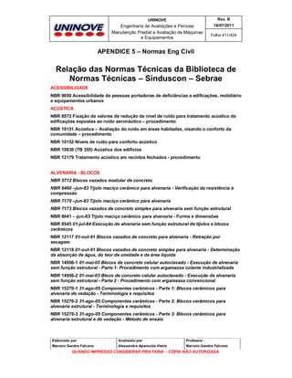 UNINOVE

Rev. B

Engenharia de Avaliações e Perícias
Manutenção Predial e Avaliação de Máquinas
e Equipamentos

16/07/2011
Folha 411/424

APENDICE 5 – Normas Eng Civil

Relação das Normas Técnicas da Biblioteca de
Normas Técnicas – Sinduscon – Sebrae
ACESSIBILIDADE
NBR 9050 Acessibilidade de pessoas portadoras de deficiências a edificações, mobiliário
e equipamentos urbanos
ACÚSTICA
NBR 8572 Fixação de valores de redução de nível de ruído para tratamento acústico de
edificações expostas ao ruído aeronáutico – procedimento
NBR 10151 Acústica – Avaliação do ruído em áreas habitadas, visando o conforto da
comunidade – procedimento
NBR 10152 Níveis de ruído para conforto acústico
NBR 10830 (TB 355) Acústica dos edifícios
NBR 12179 Tratamento acústico em recintos fechados - procedimento
ALVENARIA - BLOCOS
NBR 5712 Blocos vazados modular de concreto
NBR 6460 –jun-83 Tijolo maciço cerâmico para alvenaria - Verificação da resistência à
compressão
NBR 7170 –jun-83 Tijolo maciço cerâmico para alvenaria
NBR 7173 Blocos vazados de concreto simples para alvenaria sem função estrutural
NBR 8041 - -jun-83 Tijolo maciço cerâmico para alvenaria - Forma e dimensões
NBR 8545 01-jul-84 Execução de alvenaria sem função estrutural de tijolos e blocos
cerâmicos
NBR 12117 01-out-91 Blocos vazados de concreto para alvenaria - Retração por
secagem.
NBR 12118 01-out-91 Blocos vazados de concreto simples para alvenaria - Determinação
da absorção de água, do teor de umidade e da área líquida
NBR 14956-1 01-mai-03 Blocos de concreto celular autoclavado - Execução de alvenaria
sem função estrutural - Parte 1: Procedimento com argamassa colante industrializada
NBR 14956-2 01-mai-03 Bloco de concreto celular autoclavado - Execução de alvenaria
sem função estrutural - Parte 2 : Procedimento com argamassa convencional
NBR 15270-1 31-ago-05 Componentes cerâmicos - Parte 1: Blocos cerâmicos para
alvenaria de vedação - Terminologia e requisitos
NBR 15270-2 31-ago-05 Componentes cerâmicos - Parte 2: Blocos cerâmicos para
alvenaria estrutural - Terminologia e requisitos
NBR 15270-3 31-ago-05 Componentes cerâmicos - Parte 3: Blocos cerâmicos para
alvenaria estrutural e de vedação - Método de ensaio

Elaborado por:

Analisado por:

Professor :

Marcelo Gandra Falcone

Alessandra Aparecida Vieira

Marcelo Gandra Falcone

QUANDO IMPRESSO CONSIDERAR PIRATARIA - CÓPIA NÃO AUTORIZADA

 