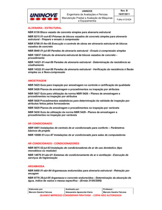 UNINOVE

Rev. B

Engenharia de Avaliações e Perícias
Manutenção Predial e Avaliação de Máquinas
e Equipamentos

16/07/2011
Folha 412/424

ALVENARIA - ESTRUTURAL
NBR 6136 Bloco vazado de concreto simples para alvenaria estrutural
NBR 8215 01-out-83 Prismas de blocos vazados de concreto simples para alvenaria
estrutural - Preparo e ensaio à compressão
NBR 8798 01-fev-85 Execução e controle de obras em alvenaria estrutural de blocos
vazados de concreto
NBR 8949 01-jul-85 Paredes de alvenaria estrutural - Ensaio à compressão simples
NBR 10837 Cálculo de alvenaria estrutural de blocos vazados de concreto procedimento
NBR 14321 01-mai-99 Paredes de alvenaria estrutural - Determinação da resistência ao
cisalhamento
NBR 14322 01-mai-99 Paredes de alvenaria estrutural - Verificação da resistência à flexão
simples ou à flexo-compressão
AMOSTRAGEM
NBR 5425 Guia para inspeção por amostragem no controle e certificação de qualidade
NBR 5426 Planos de amostragem e procedimentos na inspeção por atributos
NBR 5427 Guia para utilização da norma NBR 5426 – Planos de amostragem e
procedimentos na inspeção por atributos
NBR 5428 Procedimentos estatísticos para determinação da validade de inspeção por
atributos feitos pelos fornecedores
NBR 5429 Planos de amostragem e procedimentos na inspeção por variáveis
NBR 5430 Guia de utilização da norma NBR 5429 - Planos de amostragem e
procedimentos na inspeção por variáveis
AR CONDICIONADO
NBR 6401 Instalações de centrais de ar condicionado para conforto – Parâmetros
básicos de projeto
NBR 10080 01-nov-87 Instalações de ar condicionado para salas de computadores
AR CONDICIONADO - CONDICIONADORES
NBR 6675 02-jul-93 Instalação de condicionadores de ar de uso doméstico (tipo
monobloco ou modular)
NBR 14679 01-abr-01 Sistemas de condicionamento de ar e ventilação - Execução de
serviços de higienização
ARGAMASSA
NBR 8490 01-abr-84 Argamassas endurecidas para alvenaria estrutural - Retração por
secagem
NBR 9778 29-jul-05 Argamassa e concreto endurecidos - Determinação da absorção de
água, índice de vazios e massa específica - (Errata 31/05/2006)

Elaborado por:

Analisado por:

Professor :

Marcelo Gandra Falcone

Alessandra Aparecida Vieira

Marcelo Gandra Falcone

QUANDO IMPRESSO CONSIDERAR PIRATARIA - CÓPIA NÃO AUTORIZADA

 