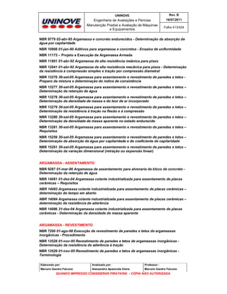 UNINOVE

Rev. B

Engenharia de Avaliações e Perícias
Manutenção Predial e Avaliação de Máquinas
e Equipamentos

16/07/2011
Folha 413/424

NBR 9779 02-abr-95 Argamassa e concreto endurecidos - Determinação da absorção de
água por capilaridade
NBR 10908 01-jan-90 Aditivos para argamassa e concretos - Ensaios de uniformidade
NBR 11173 – Projeto e Execução de Argamassa Armada
NBR 11801 01-abr-92 Argamassa de alta resistência meânica para pisos
NBR 12041 01-abr-92 Argamassa de alta resistência mecânica para pisos - Determinação
da resistência à compressão simples e tração por compressão diametral
NBR 13276 30-set-05 Argamassa para assentamento e revestimento de paredes e tetos Preparo da mistura e determinação do índice de consistência
NBR 13277 30-set-05 Argamassa para assentamento e revestimento de paredes e tetos –
Determinação da retenção de água
NBR 13278 30-set-05 Argamassa para assentamento e revestimento de paredes e tetos –
Determinação da densidade de massa e do teor de ar incorporado
NBR 13279 30-set-05 Argamassa para assentamento e revestimento de paredes e tetos –
Determinação da resistência à tração na flexão e à compressão
NBR 13280 30-set-05 Argamassa para assentamento e revestimento de paredes e tetos –
Determinação da densidade de massa aparente no estado endurecido
NBR 13281 30-set-05 Argamassa para assentamento e revestimento de paredes e tetos –
Requisitos
NBR 15259 30-set-05 Argamassa para assentamento e revestimento de paredes e tetos –
Determinação da absorção de água por capilaridade e do coeficiente de capilaridade
NBR 15261 30-set-05 Argamassa para assentamento e revestimento de paredes e tetos –
Determinação da variação dimensional (retração ou expansão linear)
ARGAMASSA - ASSENTAMENTO
NBR 9287 01-mar-86 Argamassa de assentamento para alvenaria de bloco de concreto Determinação da retenção de água
NBR 14081 01-dez-04 Argamassa colante industrializada para assentamento de placas
cerâmicas – Requisitos
NBR 14083 Argamassa colante industrializada para assentamento de placas cerâmicas –
determinação do tempo em aberto
NBR 14084 Argamassa colante industrializada para assentamento de placas cerâmicas –
determinação da resistência de aderência
NBR 14086 31-dez-04 Argamassa colante industrializada para assentamento de placas
cerâmicas - Determinação da densidade de massa aparente
ARGAMASSA - REVESTIMENTO
NBR 7200 01-ago-98 Execução de revestimento de paredes e tetos de argamassas
inorgânicas - Procedimento
NBR 13528 01-nov-95 Revestimento de paredes e tetos de argamassas inorgânicas Determinação da resistência de aderência à tração
NBR 13529 01-nov-95 Revestimento de paredes e tetos de argamassas inorgânicas Terminologia
Elaborado por:

Analisado por:

Professor :

Marcelo Gandra Falcone

Alessandra Aparecida Vieira

Marcelo Gandra Falcone

QUANDO IMPRESSO CONSIDERAR PIRATARIA - CÓPIA NÃO AUTORIZADA

 
