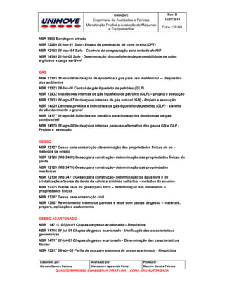 UNINOVE

Rev. B

Engenharia de Avaliações e Perícias
Manutenção Predial e Avaliação de Máquinas
e Equipamentos

16/07/2011
Folha 418/424

NBR 9603 Sondagem a trado
NBR 12069 01-jun-91 Solo - Ensaio de penetração de cone in situ (CPT)
NBR 12102 01-nov-91 Solo - Controle de compactação pelo método de Hilf
NBR 14545 01-jul-00 Solo - Determinação do coeficiente de permeabilidade de solos
argilosos a carga variável
GÁS
NBR 13103 31-mar-06 Instalação de aparelhos a gás para uso residencial — Requisitos
dos ambientes
NBR 13523 28-fev-06 Central de gás liquefeito de petróleo (GLP)
NBR 13932 Instalações internas de gás liquefeito de petróleo (GLP) – projeto e execução
NBR 13933 01-ago-97 Instalações internas de gás natural (GN) - Projeto e execução
NBR 14024 Centrais prediais e industriais de gás liquefeito de petróleo (GLP) - sistema
de abastecimento a granel
NBR 14177 01-ago-98 Tubo flexível metálico para instalações domésticas de gás
combustível
NBR 14570 01-ago-00 Instalações internas para uso alternativo dos gases GN e GLP Projeto e execução
GESSO
NBR 12127 Gesso para construção- determinação das propriedades físicas do pó –
métodos de ensaio
NBR 12128 (MB 3469) Gesso para construção- determinação das propriedades físicas da
pasta
NBR 12129 (MB 3470) Gesso para construção- determinação das propriedades
mecânicas
NBR 12130 (MB 3471) Gesso para construção- determinação da água livre e de
cristalização e teores de óxido de cálcio e anidrido sulfúrico – métodos de ensaios
NBR 12775 Placas lisas de gesso para forro – determinação das dimensões e
propriedades físicas
NBR 13207 Gesso para construção civil
NBR 13867 Revestimento interno de paredes e tetos com pastas de gesso – materiais,
preparo, aplicação e acabamento
GESSO ACARTONADO
NBR 14715 01-jul-01 Chapas de gesso acartonado – Requisitos
NBR 14716 01-jul-01 Chapas de gesso acartonado - Verificação das características
geométricas
NBR 14717 01-jul-01 Chapas de gesso acartonado - Determinação das características
físicas
NBR 15217 29-abr-05 Perfis de aço para sistemas de gesso acartonado - Requisitos

Elaborado por:

Analisado por:

Professor :

Marcelo Gandra Falcone

Alessandra Aparecida Vieira

Marcelo Gandra Falcone

QUANDO IMPRESSO CONSIDERAR PIRATARIA - CÓPIA NÃO AUTORIZADA

 