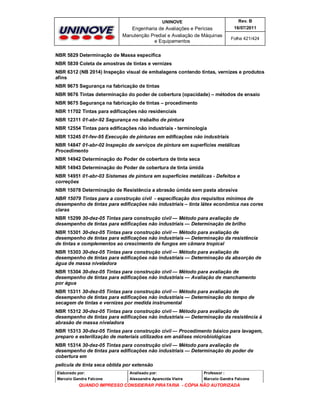 UNINOVE

Rev. B

Engenharia de Avaliações e Perícias
Manutenção Predial e Avaliação de Máquinas
e Equipamentos

16/07/2011
Folha 421/424

NBR 5829 Determinação de Massa específica
NBR 5839 Coleta de amostras de tintas e vernizes
NBR 6312 (NB 2014) Inspeção visual de embalagens contendo tintas, vernizes e produtos
afins
NBR 9675 Segurança na fabricação de tintas
NBR 9676 Tintas determinação do poder de cobertura (opacidade) – métodos de ensaio
NBR 9675 Segurança na fabricação de tintas – procedimento
NBR 11702 Tintas para edificações não residenciais
NBR 12311 01-abr-92 Segurança no trabalho de pintura
NBR 12554 Tintas para edificações não industriais - terminologia
NBR 13245 01-fev-95 Execução de pinturas em edificações não industriais
NBR 14847 01-abr-02 Inspeção de serviços de pintura em superfícies metálicas
Procedimento
NBR 14942 Determinação do Poder de cobertura de tinta seca
NBR 14943 Determinação do Poder de cobertura de tinta úmida
NBR 14951 01-abr-03 Sistemas de pintura em superfícies metálicas - Defeitos e
correções
NBR 15078 Determinação de Resistência a abrasão úmida sem pasta abrasiva
NBR 15079 Tintas para a construção civil - especificação dos requisitos mínimos de
desempenho de tintas para edificações não industriais – tinta látex econômica nas cores
claras
NBR 15299 30-dez-05 Tintas para construção civil — Método para avaliação de
desempenho de tintas para edificações não industriais — Determinação de brilho
NBR 15301 30-dez-05 Tintas para construção civil — Método para avaliação de
desempenho de tintas para edificações não industriais — Determinação da resistência
de tintas e complementos ao crescimento de fungos em câmara tropical
NBR 15303 30-dez-05 Tintas para construção civil — Método para avaliação de
desempenho de tintas para edificações não industriais — Determinação da absorção de
água de massa niveladora
NBR 15304 30-dez-05 Tintas para construção civil — Método para avaliação de
desempenho de tintas para edificações não industriais — Avaliação de manchamento
por água
NBR 15311 30-dez-05 Tintas para construção civil — Método para avaliação de
desempenho de tintas para edificações não industriais — Determinação do tempo de
secagem de tintas e vernizes por medida instrumental
NBR 15312 30-dez-05 Tintas para construção civil — Método para avaliação de
desempenho de tintas para edificações não industriais — Determinação da resistência à
abrasão de massa niveladora
NBR 15313 30-dez-05 Tintas para construção civil — Procedimento básico para lavagem,
preparo e esterilização de materiais utilizados em análises microbiológicas
NBR 15314 30-dez-05 Tintas para construção civil — Método para avaliação de
desempenho de tintas para edificações não industriais — Determinação do poder de
cobertura em
película de tinta seca obtida por extensão
Elaborado por:

Analisado por:

Professor :

Marcelo Gandra Falcone

Alessandra Aparecida Vieira

Marcelo Gandra Falcone

QUANDO IMPRESSO CONSIDERAR PIRATARIA - CÓPIA NÃO AUTORIZADA

 