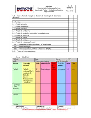 UNINOVE

Rev. B

Engenharia de Avaliações e Perícias
Manutenção Predial e Avaliação de Máquinas
e Equipamentos

16/07/2011
Folha 53/424

1.20 – Ficam – Ficha de Inscrição no Cadastro de Manutenção de Sistema de
Segurança;
2 – Técnica:
2.1 – Projeto aprovado;
2.2 – Projeto modificativo;
2.3 – Projeto executivo;
2.4 – Projeto de sondagem;
2.5 – Projeto de fundações, contenções, cortinas e arrimos;
2.6 – Projeto de estruturas;
2.7 – Projeto de formas;
2.8 – Projeto de armação;
2.9 – Projeto de Instalações Prediais:
2.9.1 – Instalações Hidráulico-sanitárias, e de água pluviais;
2.9.2 – Instalações de gás;
2.9.3 – Instalações elétricas, telefonia e Pára-raios (SPDA)
2.10 – Projeto de Impermeabilização;

Anexo – Check list
Edifício:
Idade:
sistema
Descrição/
anomalia
Fachada

Fachada
cerâmica 10x10
com junta de
dilatação.
Ocorreu
desplacamento
pela ruptura do
Cimentcola

End:
Bairro :
CEP:
Numero de Andares:
Nível da Inspeção:
local desempenho Grau Grau de
fotos Obs
de
Manut.
risco
9
Insatisfatorio critico inexistente 1/2
----andar

Segurança
Contra
Incêndio

Pintura

Elétrica
Elaborado por:

Analisado por:

Professor :

Marcelo Gandra Falcone

Alessandra Aparecida Vieira

Marcelo Gandra Falcone

QUANDO IMPRESSO CONSIDERAR PIRATARIA - CÓPIA NÃO AUTORIZADA

 