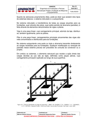 UNINOVE

Rev. B

Engenharia de Avaliações e Perícias
Manutenção Predial e Avaliação de Máquinas
e Equipamentos

16/07/2011
Folha 66/424

Quanto às estruturas propriamente ditas, pode-se dizer que existem dois tipos
de sistemas básicos: o sistema reticulado e o autoportante.
No sistema reticulado a transferência de todas as cargas atuantes para as
fundações, quer através dos pisos, quer pelos painéis de alvenaria (paredes), é
feita através de elementos denominados de vigas e pilares.
Viga é uma peça linear, cujo carregamento principal, advindo da laje, distribuise, também igualmente, para os pilares.
Pilar é uma peça linear, carregamentos principais provenientes das vigas são
nele concentrados e distribuídos para as fundações.
No sistema autoportante uma parte ou toda a alvenaria transmite diretamente
as cargas recebidas para as fundações. Qualquer modificação ou remoção de
paredes nesse sistema precisa ser precedido de consulta ao construtor ou a
projeto.
Em ambos os sistemas, o elemento estrutural que recebe a ação direta das
cargas devidas ao uso são as lajes, definidas como peças planas, cujo
carregamento principal é aplicado ao longo de sua superfície.

Figura 29 – Esforços Distribuídos ao longo da Supereficie - IBAPE –SP, PUJADAS, F.Z.A.; GOMIDE, T.L.F.; FAGUNDES,
J.C.P. e OUTROS, Inspeção Predial –Check-Up Predial: Guia da Boa Prevenção. São Paulo: Leud, 2009.

Elaborado por:

Analisado por:

Professor :

Marcelo Gandra Falcone

Alessandra Aparecida Vieira

Marcelo Gandra Falcone

QUANDO IMPRESSO CONSIDERAR PIRATARIA - CÓPIA NÃO AUTORIZADA

 