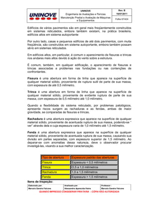 UNINOVE

Rev. B

Engenharia de Avaliações e Perícias
Manutenção Predial e Avaliação de Máquinas
e Equipamentos

16/07/2011
Folha 67/424

Edifícios de vários pavimentos são em geral mais freqüentemente construídos
em sistemas reticulados, embora também existam, na prática brasileira,
edifícios altos em sistema autoportante
Por outro lado, casas e pequenos edifícios de até dois pavimentos, com muita
freqüência, são construídos em sistema autoportante, embora também possam
sê-lo em sistemas reticulados.
Em edifícios altos, em particular, é comum o aparecimento de fissuras e trincas
nos andares mais altos devido à ação do vento sobre a estrutura.
É comum, também, em qualquer edificação, o aparecimento de fissuras e
trincas associadas a problemas nas fundações ou nas contenções de
confrontantes.
Fissura é uma abertura em forma de linha que aparece na superfície de
qualquer material sólido, proveniente de ruptura sutil de parte de sua massa,
com espessura de até 0,5 milímetro.
Trinca é uma abertura em forma de linha que aparece na superfície de
qualquer material sólido, proveniente de evidente ruptura de parte de sua
massa, com espessura de 0,5 milímetro até 1,0 milímetro.
Quando a flexibilidade do sistema reticulado, por problemas patológicos,
apresenta riscos surgem as rachaduras e as fendas, ambas de maior
gravidade, se comparadas às fissuras e trincas.
Rachadura é uma abertura expressiva que aparece na superfície de qualquer
material sólido, proveniente de acentuada ruptura de sua massa, podendo-se “
ver” através dela e cuja espessura varia de 1,0 milímetro até 1,5 milímetro.
Fenda é uma abertura expressiva que aparece na superfície de qualquer
material sólido, proveniente de acentuada ruptura de sua massa, causando sua
divisão em partes separadas, com espessura superior de 1,5 milímetro. Ao
deparar-se com anomalias dessa natureza, deve o observador procurar
investigá-las, visando a sua melhor caracterização.

Tipo de abertura

Espessura padrão das aberturas

Fissura

Espessura < 0,5 milímetros

Trinca

O,5 a 1,0 milímetros

Rachadura

1,0 a 1,5 milímetros

Fenda

Espessura > 1,5 milímetros

Itens de Inspeção:
Elaborado por:

Analisado por:

Professor :

Marcelo Gandra Falcone

Alessandra Aparecida Vieira

Marcelo Gandra Falcone

QUANDO IMPRESSO CONSIDERAR PIRATARIA - CÓPIA NÃO AUTORIZADA

 