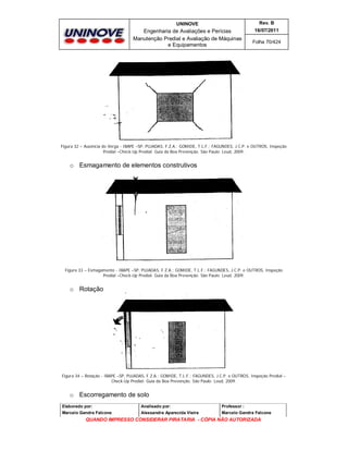 UNINOVE

Rev. B

Engenharia de Avaliações e Perícias
Manutenção Predial e Avaliação de Máquinas
e Equipamentos

16/07/2011
Folha 70/424

Figura 32 – Ausência de Verga - IBAPE –SP, PUJADAS, F.Z.A.; GOMIDE, T.L.F.; FAGUNDES, J.C.P. e OUTROS, Inspeção
Predial –Check-Up Predial: Guia da Boa Prevenção. São Paulo: Leud, 2009.

o Esmagamento de elementos construtivos

Figura 33 – Esmagamento - IBAPE –SP, PUJADAS, F.Z.A.; GOMIDE, T.L.F.; FAGUNDES, J.C.P. e OUTROS, Inspeção
Predial –Check-Up Predial: Guia da Boa Prevenção. São Paulo: Leud, 2009.

o Rotação

Figura 34 – Rotação - IBAPE –SP, PUJADAS, F.Z.A.; GOMIDE, T.L.F.; FAGUNDES, J.C.P. e OUTROS, Inspeção Predial –
Check-Up Predial: Guia da Boa Prevenção. São Paulo: Leud, 2009.

o Escorregamento de solo
Elaborado por:

Analisado por:

Professor :

Marcelo Gandra Falcone

Alessandra Aparecida Vieira

Marcelo Gandra Falcone

QUANDO IMPRESSO CONSIDERAR PIRATARIA - CÓPIA NÃO AUTORIZADA

 