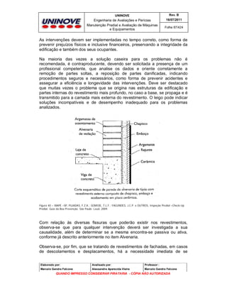 UNINOVE

Rev. B

Engenharia de Avaliações e Perícias
Manutenção Predial e Avaliação de Máquinas
e Equipamentos

16/07/2011
Folha 87/424

As intervenções devem ser implementadas no tempo correto, como forma de
prevenir prejuízos físicos e inclusive financeiros, preservando a integridade da
edificação e também dos seus ocupantes.
Na maioria das vezes a solução caseira para os problemas não é
recomendada, é contraproducente, devendo ser solicitada a presença de um
profissional competente, que analise os dados e oriente corretamente a
remoção de partes soltas, a reposição de partes danificadas, indicando
procedimentos seguros e necessários, como forma de prevenir acidentes e
assegurar a eficiência e longevidade das intervenções. Deve ser destacado
que muitas vezes o problema que se origina nas estruturas da edificação e
partes internas do revestimento mais profundo, no caso a base, se propaga e é
transmitido para a camada mais externa do revestimento. O leigo pode indicar
soluções incompatíveis e de desempenho inadequado para os problemas
analizados.

Figura 40 – IBAPE –SP, PUJADAS, F.Z.A.; GOMIDE, T.L.F.; FAGUNDES, J.C.P. e OUTROS, Inspeção Predial –Check-Up
Predial: Guia da Boa Prevenção. São Paulo: Leud, 2009.

Com relação às diversas fissuras que poderão existir nos revestimentos,
observa-se que para qualquer intervenção deverá ser investigada a sua
causalidade, além de determinar se a mesma encontra-se passiva ou ativa,
conforme já descrito anteriormente no item Alvenaria.
Observa-se, por fim, que se tratando de revestimentos de fachadas, em casos
de descolamentos e desplacamentos, há a necessidade imediata de se
Elaborado por:

Analisado por:

Professor :

Marcelo Gandra Falcone

Alessandra Aparecida Vieira

Marcelo Gandra Falcone

QUANDO IMPRESSO CONSIDERAR PIRATARIA - CÓPIA NÃO AUTORIZADA

 