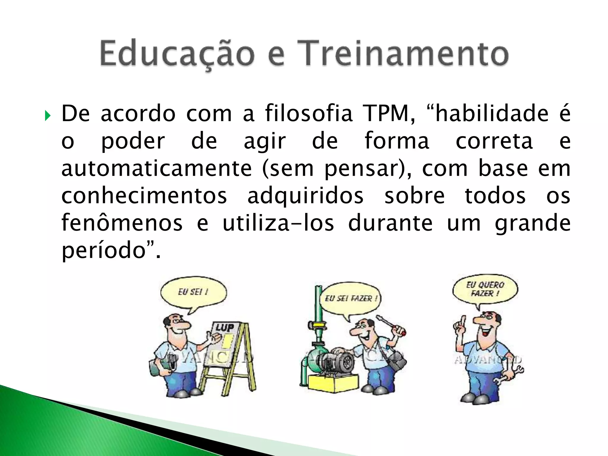  De acordo com a filosofia TPM, “habilidade é 
o poder de agir de forma correta e 
automaticamente (sem pensar), com base em 
conhecimentos adquiridos sobre todos os 
fenômenos e utiliza-los durante um grande 
período”. 
 